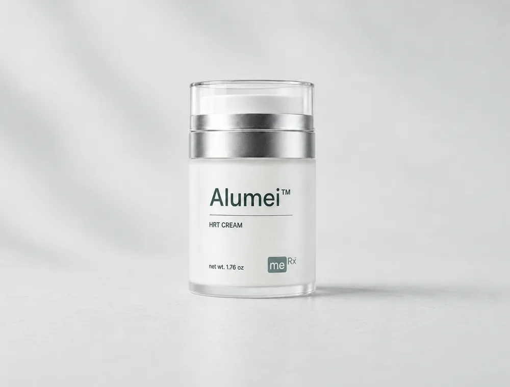 Alumei HRT cream by BetterMe Rx in a metered-pump bottle with the meRx logo