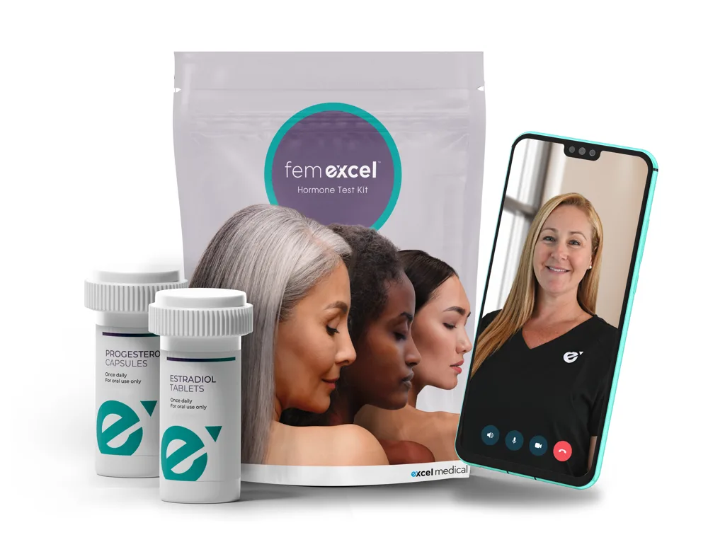 Fem Excel at-home hormone test kit with a virtual provider visit on a smartphone
